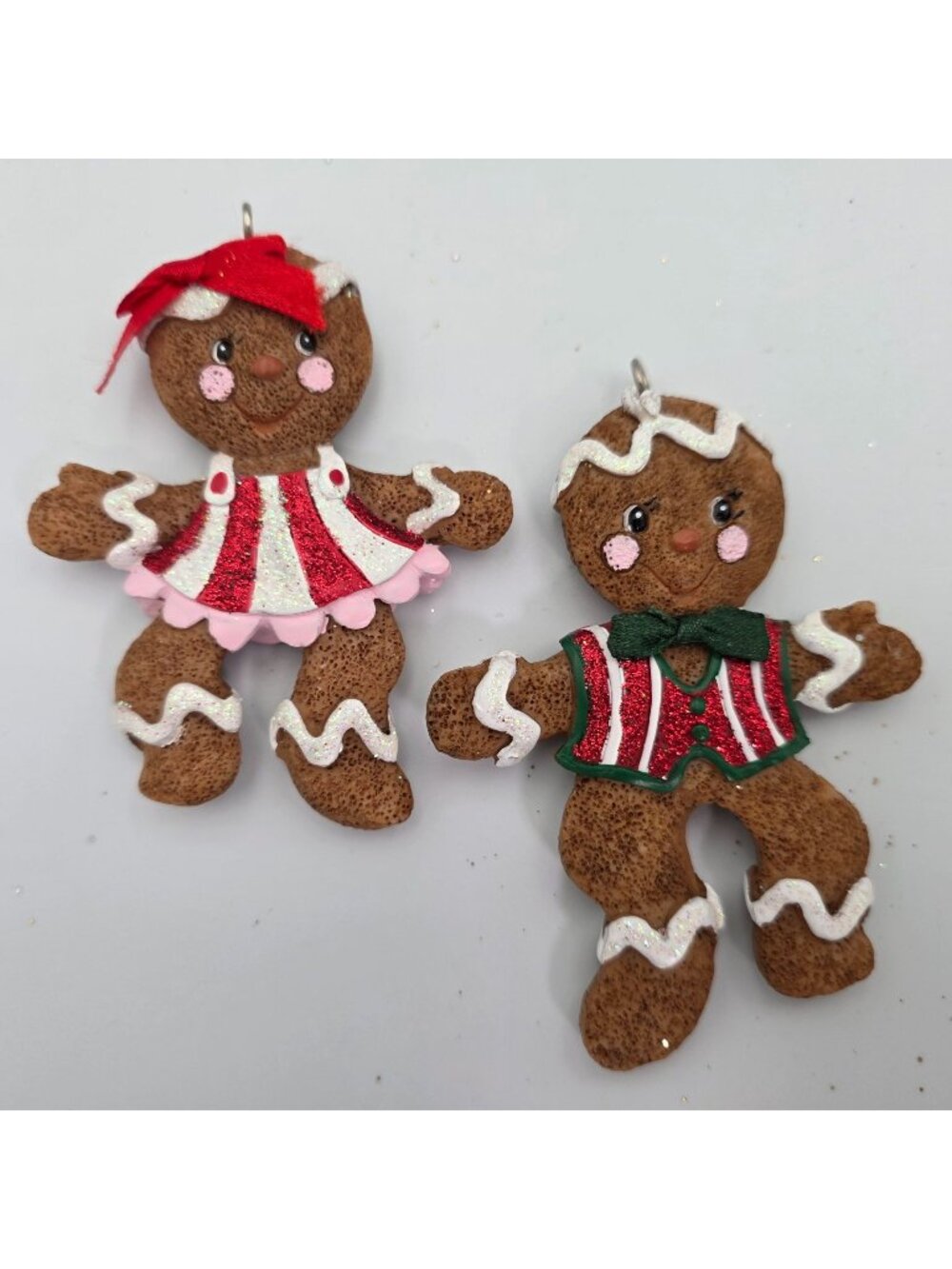 Gingerbread Couple Christmas Ornaments Brown Red & White Glitter Accents